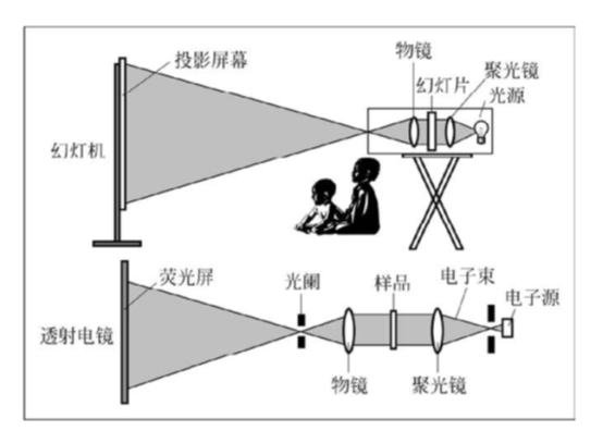 投影机(幻灯机)与透射电镜原理示意图.